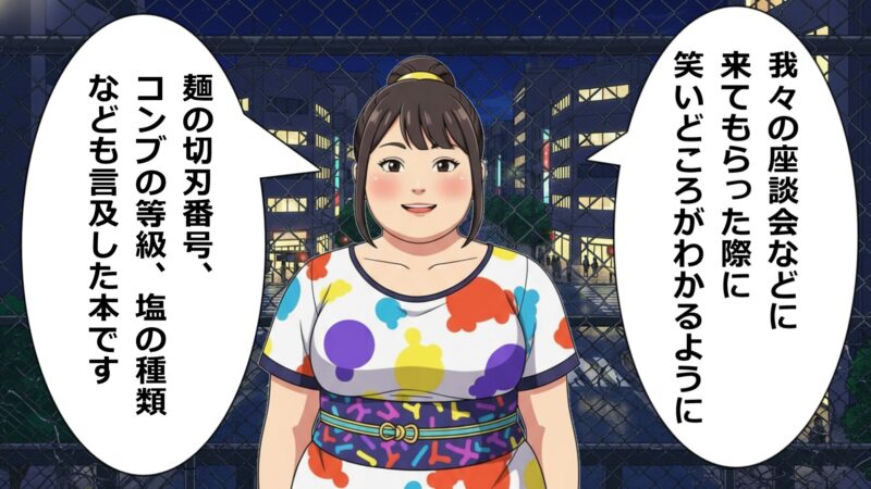 「麺道へようこそ」（税抜2000円）というﾀｲﾄﾙ。僕らの座談会などに来てもらった際に笑いどころがわかるように
麺の切り場番号、コンブの等級、塩の種類なども言及した本です。