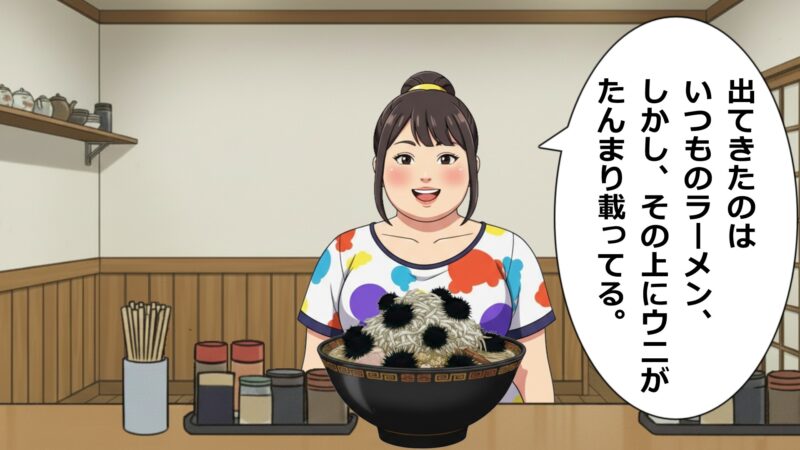 出てきたのはいつものラーメン、しかしその上にウニがたんまり載ってる。
